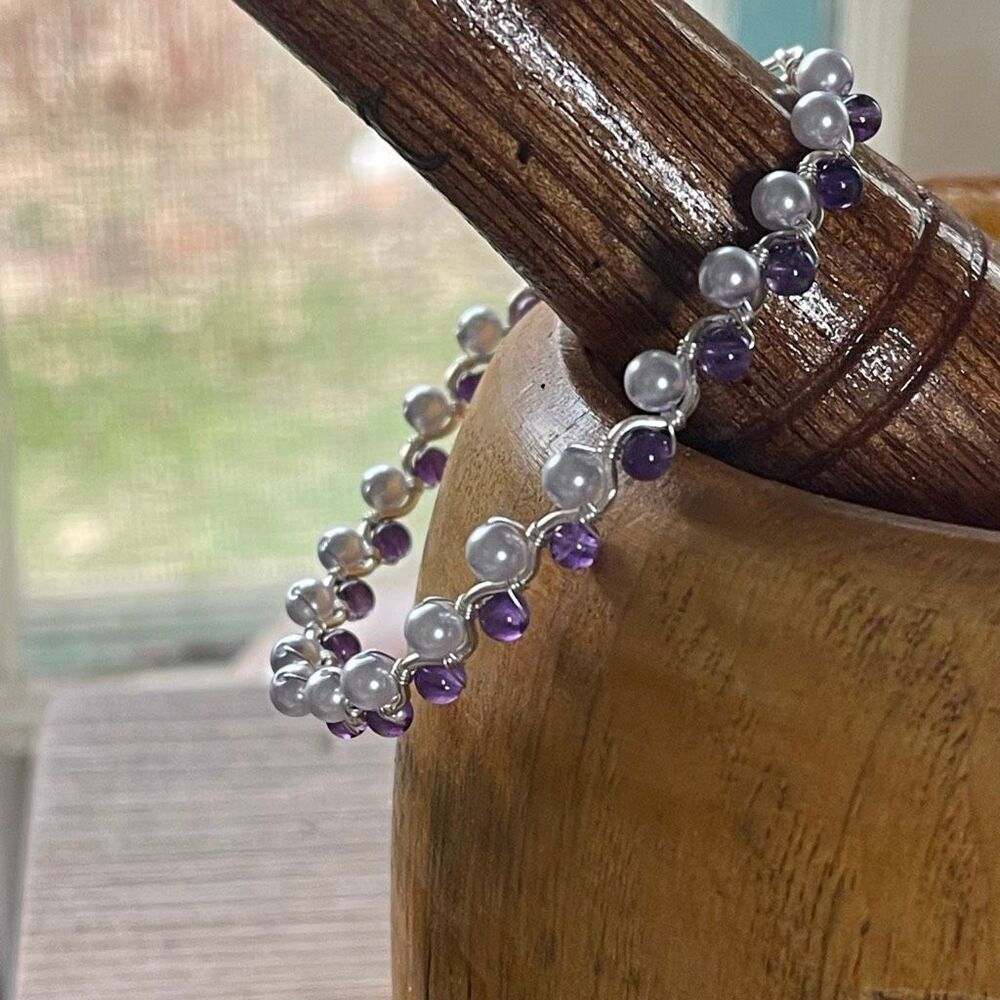 Rebekah bangle bracelet 7” silver copper core lavender purple shell beads pearls